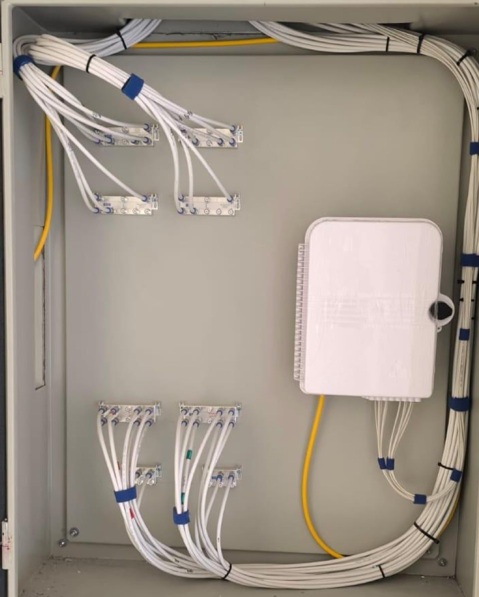 Caja de distribución de piso abierta, con los derivadores coaxiales, la caja de fibra óptica y el cableado hacia los departamentos ordenado por el contorno