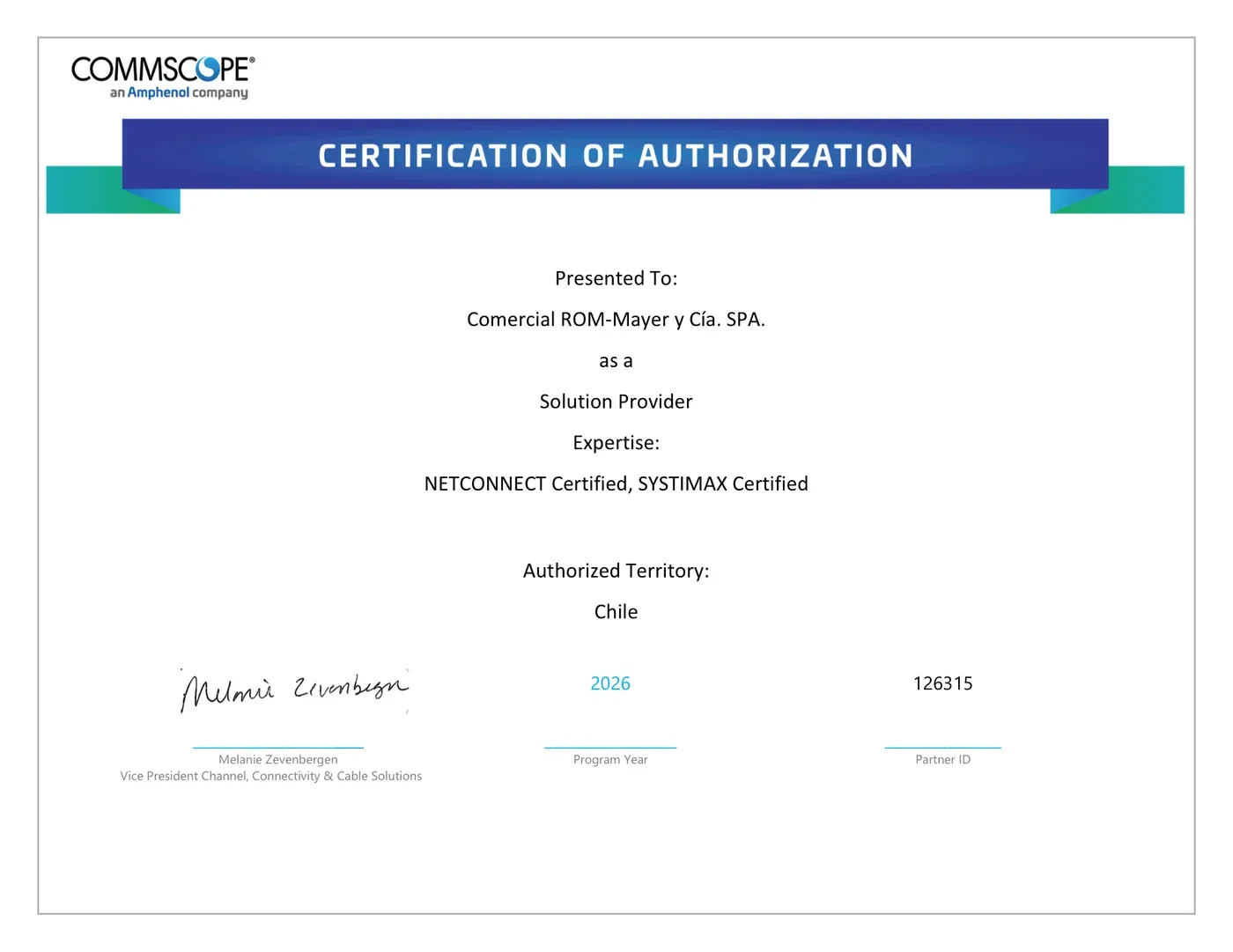 Certificado de autorización CommScope PartnerPRO de Rom Mayer