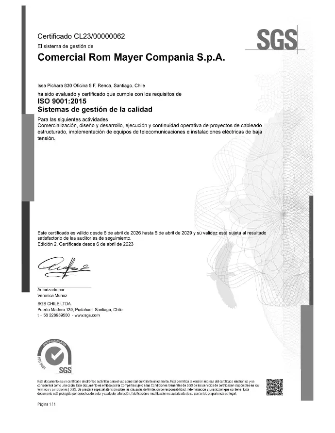 Certificado ISO 9001:2015 de Rom Mayer emitido por SGS
