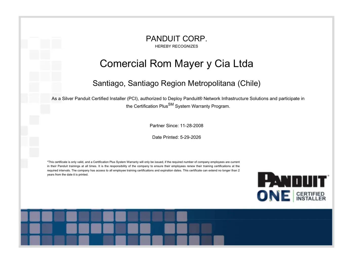 Certificado Silver Panduit Certified Installer de Rom Mayer