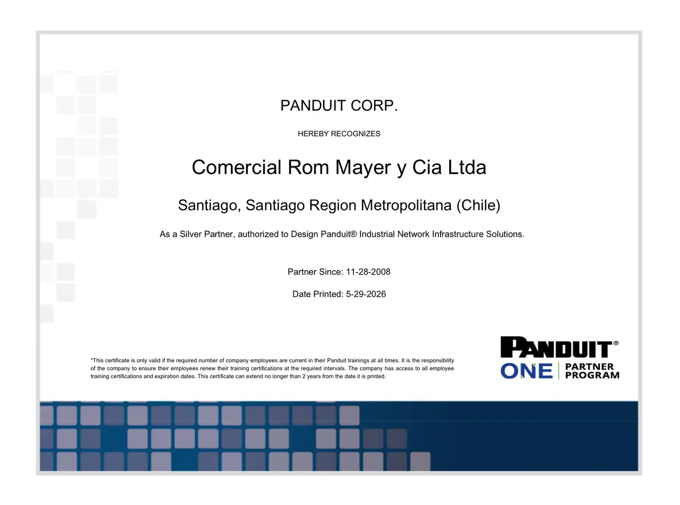 Certificado Panduit Silver Partner para diseño de infraestructura de red industrial