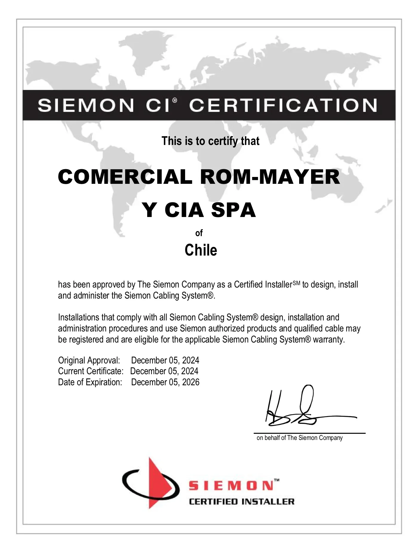 Certificado Siemon Certified Installer de Rom Mayer
